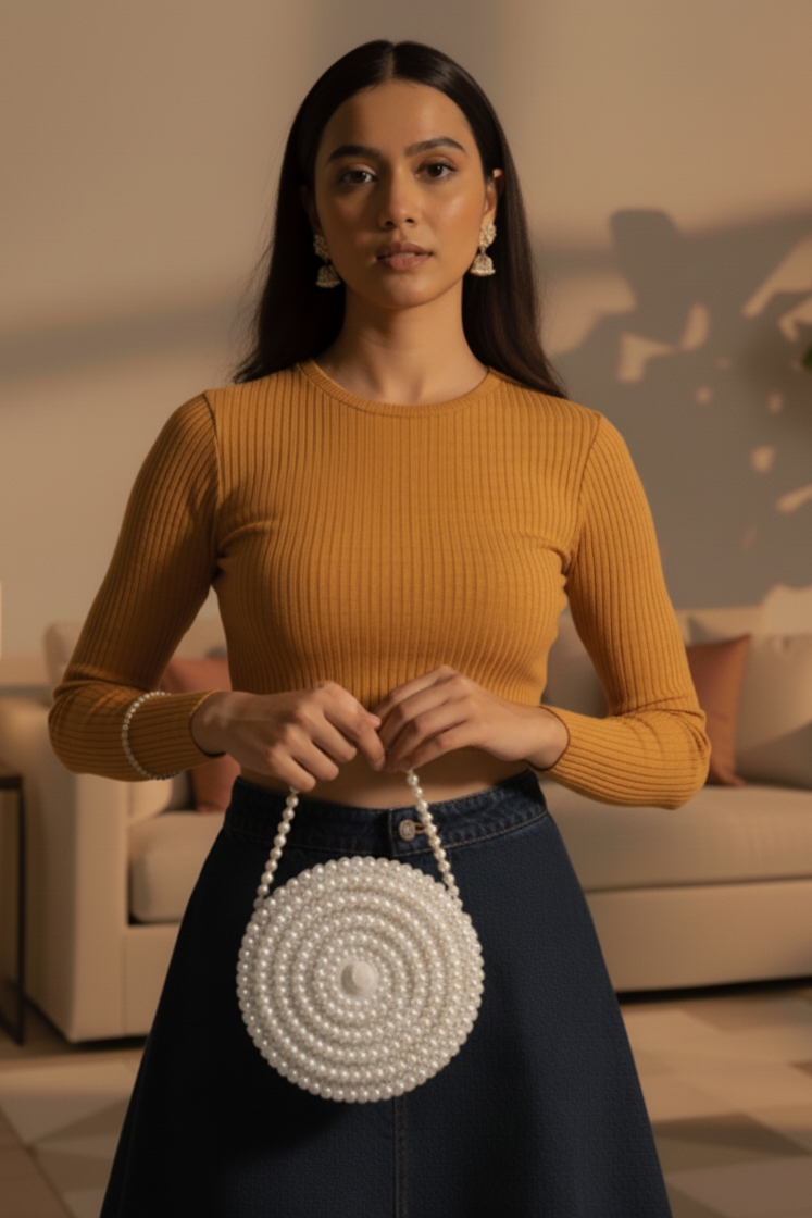 Woman holding a white round handbag with pearls in a living room setting