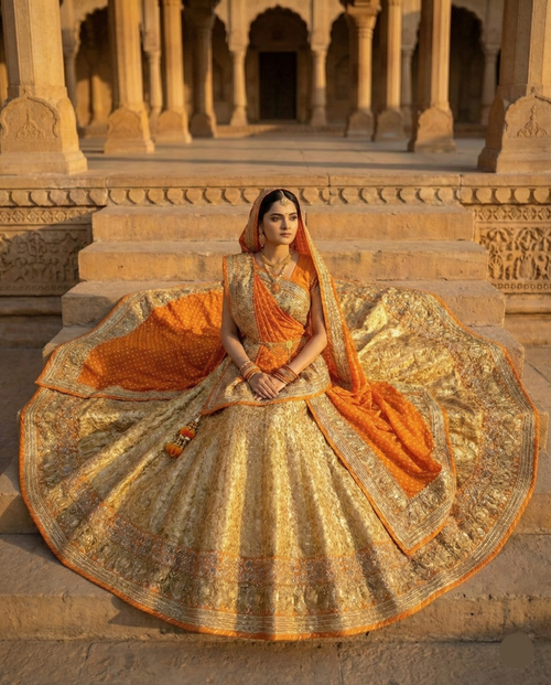 Golden Kesari Lehenga Saree