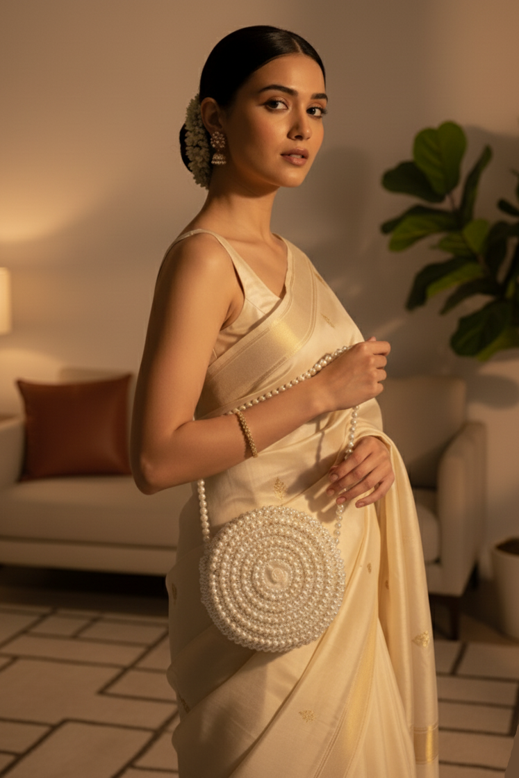 Woman in a beige saree holding a beaded handbag in a room with a couch and plant.
