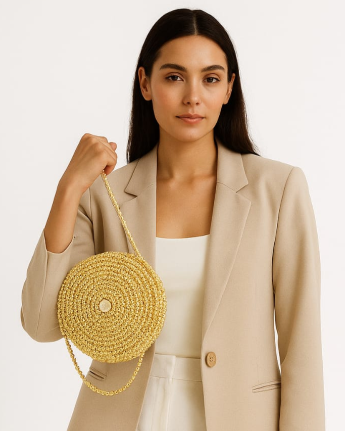Woman holding a gold round handbag against a plain background